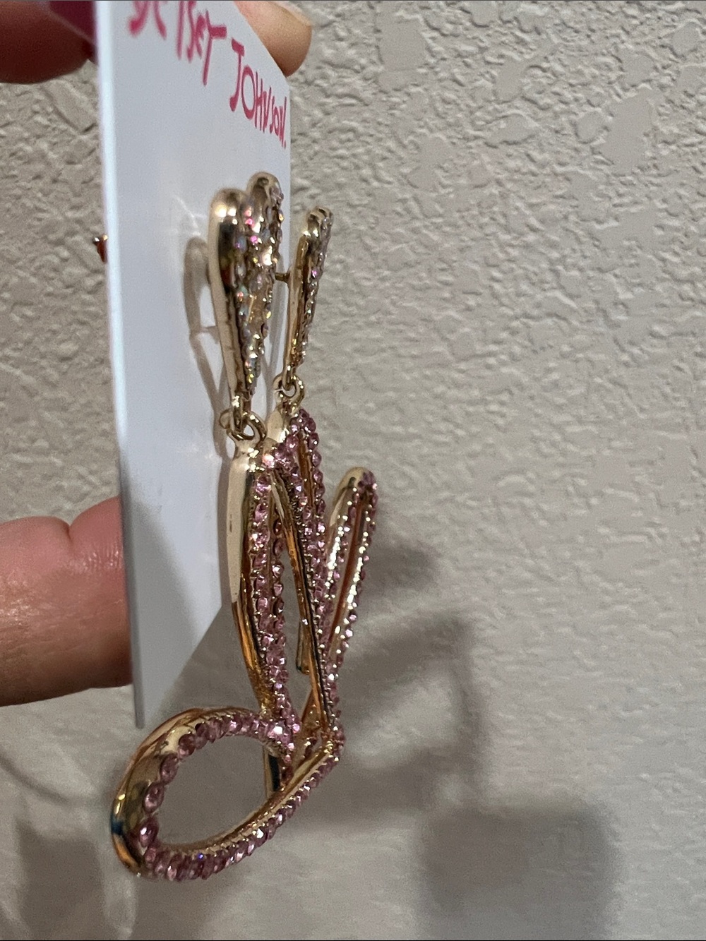 Betsey Johnson Gold-Tone Pink Crystal Open Heart Drop Earrings - Picture 6 of 6